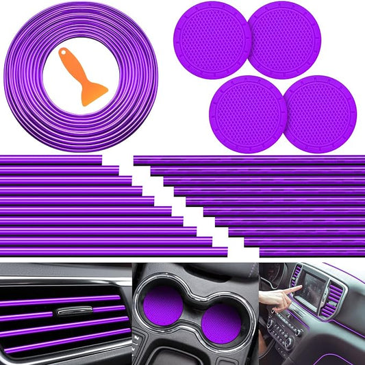 Frienda 25 Pack Universal Car Vent Trim Strips and Cup Mats Set 20 Pcs 16 Feet Air Conditioner Outlet Decor with Installation Tool 4 Pcs Non Slip Cup Holders Mats DIY Trim Accessories(Purple)