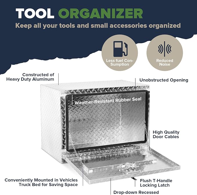 ARKSEN 24 x 17 x 18 Inch Underbody Tool Box, Heavy Duty Aluminum Diamond Plate Waterproof Square Storage Organizer Chest with T-Handle Lock & Keys for Pickup Truck, RV & Trailer – Silver