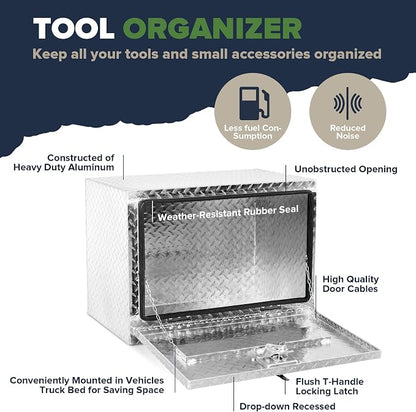 ARKSEN 24 x 17 x 18 Inch Underbody Tool Box, Heavy Duty Aluminum Diamond Plate Waterproof Square Storage Organizer Chest with T-Handle Lock & Keys for Pickup Truck, RV & Trailer – Silver