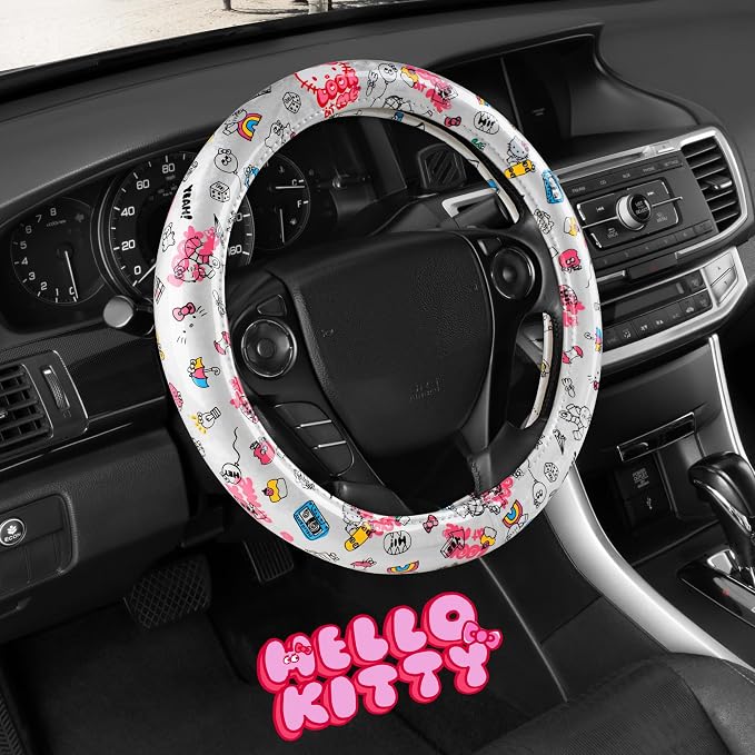 Hello Kitty Steering Wheel Cover, Official Sanrio Car Steering Wheel Cover with Universal Size 14.5-15, Cute White Hello Kitty Car Accessories for Women (Hello Kitty Look at Me)