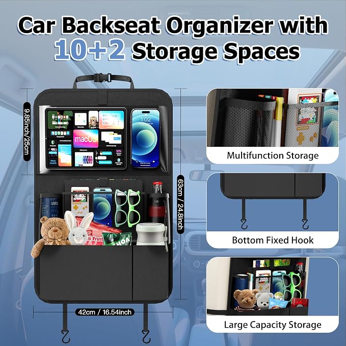 KaiCross Backseat Car Organizer with Upgraded Foldable Tray, Car Seat Organizer for Kids, Travel Accessories with 9 Storage Pockets,Car Seat Organizer Backseat with Touch Screen-1 Pack