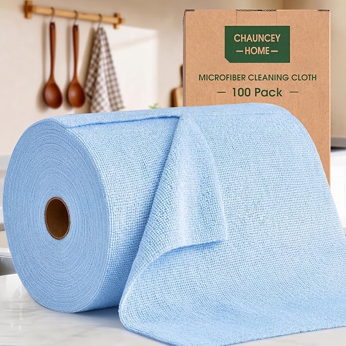Microfiber Cleaning Cloth Roll - 100 Pack Tear Away Microfiber Paper Towels, Reusable, Washable, Scratch-Free, Kitchen Towels for Car, Home, Kitchen, Glass, Dishes (Blue)