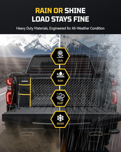 AUTOWN Truck Bed Cargo Net, Envelope Bed Netting for 2013-2025 GMC Sierra & Chevy Silverado, Pickup Truck Bed Organizer with 5mm Bungee & Integrated Storage Bag & Bungee Balls & Carabiners - 18" x 50"