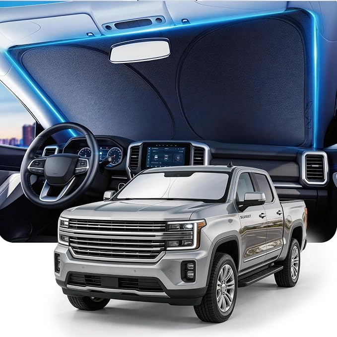 DMJN Front Windshield Sun Shade for Che-vrolet/Chevy Silverado(2019-2026),[Nano Ice-Crystal Coatings] UPF50+ Heat & UV Block, Protect Car Interior & Keep Cool, Flodable Steel-Ring Car Cover for Summer