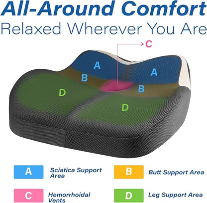 Car Seat Cushion: Ergonomic Memory Foam Car Cushion for Sciatica Pain Relief, Larger Driving Seat Pillow for Short Drivers on Long Drives - Butt Pillow for Truck, Office, Wheelchair - Gray