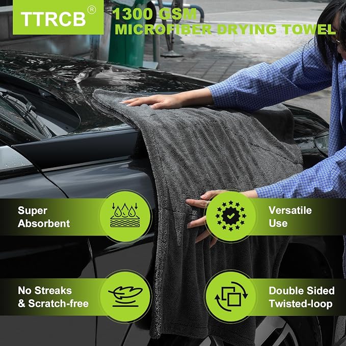 TTRCB 2 Pack 1300 GSM Car Drying Towels (36" x 24"), Microfiber Towels for Cars, Ultra-Absorbent, Streak Free, Car Wash Mitt, Car Detailing Supplies, Car Wash Kit, Car Cleaning Supplies Kit for SUV,RV