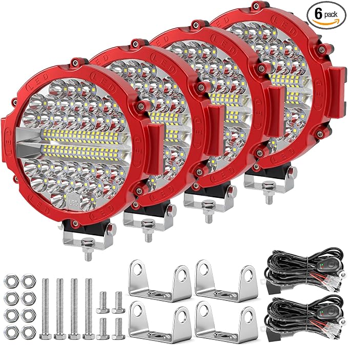 Round LED Off-Road Lights - 7INCH LED Tractor Work Light 201W Auxiliary Driving Light Pod Fog Lamp with Wiring Harness for Pickup Trucks Snowmobile Boat SUV ATV UTV(4 Pack Red+2 Wiring)