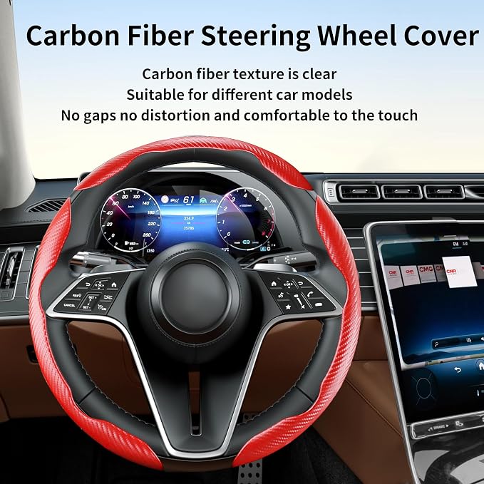 Carbon Fiber Steering Wheel Cover, 3-Piece Set Anti-Skid Comfortable Grip Segmented Butterfly Design, Easy Snap-On Installation Universal Fit 99% Cars, Red