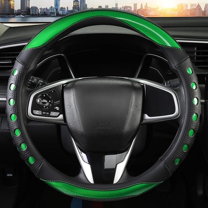 PU Leather Car Steering Wheel Cover with Anti-Slip Grip, for Women and Men, Universal Fit for 14.5-15 Inch Cars, Trucks, SUVs (Green (Round), Medium(Standard) Size[14 1/2''-15''])