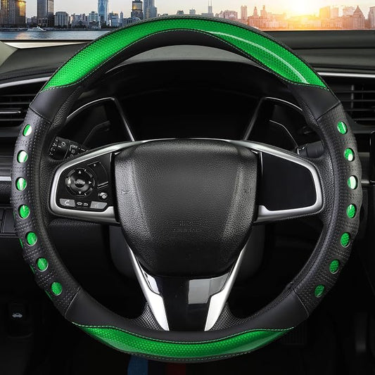 PU Leather Car Steering Wheel Cover with Anti-Slip Grip, for Women and Men, Universal Fit for 14.5-15 Inch Cars, Trucks, SUVs (Green (Round), Medium(Standard) Size[14 1/2''-15''])
