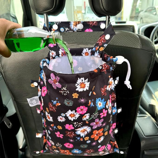 Leak-Proof Waterproof Car Trash Bag Foldable Multipurpose Trash bin Container Storage Cute Grocery Organizer Bag for Automotive Front or Back Seat in Cars SUVs and Trucks (Small Flowers)
