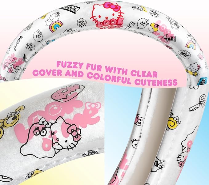 Hello Kitty Steering Wheel Cover, Official Sanrio Car Steering Wheel Cover with Universal Size 14.5-15, Cute White Hello Kitty Car Accessories for Women (Hello Kitty Look at Me)