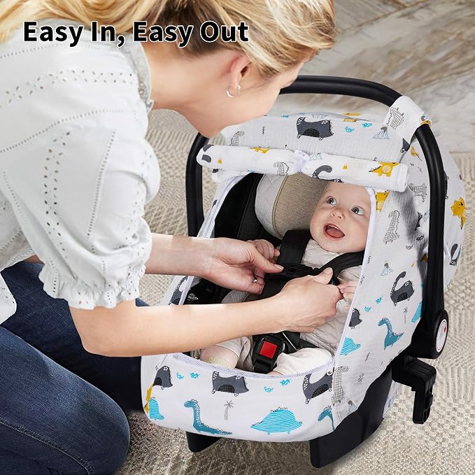 Rquite Car Seat Cover Baby, Carseat Covers Girl Boy, Breathable Muslin Cotton, Large Mesh Window, Infant Car Seat Canopy Baby Carrier Cover Stroller Sun Shade for Summer & Hot Day
