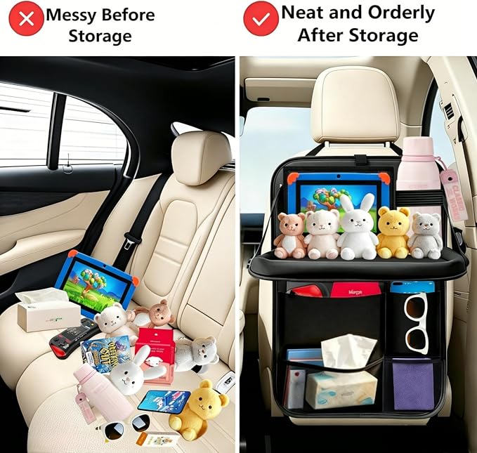 TCJJ Car Seat Organiser, Backseat Car Organizer for Kids, Car Backseat Seat Kick Protector With Tray and Touch Screen Tablet Storage Pockets Black/2 Pack