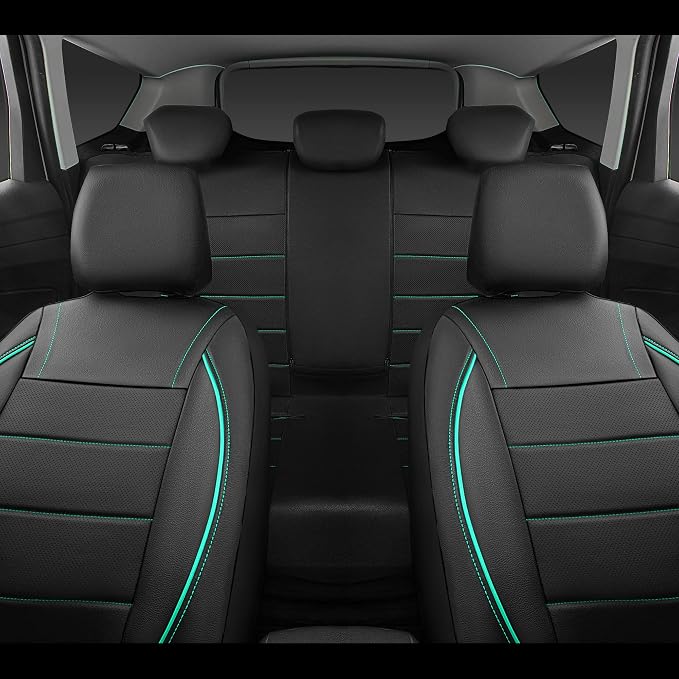 CAR PASS Universal FIT Piping Leather Car Seat Cover, for suvs,Van,Trucks,Airbag Compatible,Inside Zipper Design and Reserved Opening Holes (Full Set, Black and Mint)