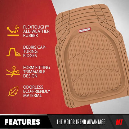 Motor Trend Original FlexTough Beige Rubber Car Floor Mats for 3 Row Vehicles, Front & Rear 2nd Row Deep Dish All Weather Automotive Heavy Duty Trim to Fit, Automotive Liners for Cars Truck Van SUV