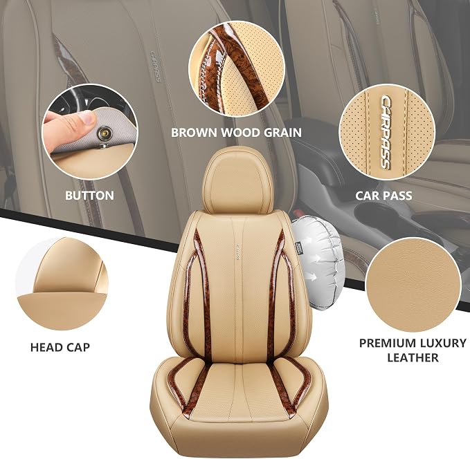 CAR PASS Beige Leather Car Seat Covers, Breathable Waterproof Nappa Automotive Seat Covers Full Set, Anti-Slip Driver Seat Cushion with Backrest Universal Fits SUV Pick-up Truck Sedan, Wood Grain