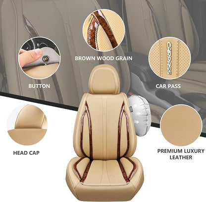 CAR PASS Beige Leather Car Seat Covers, Breathable Waterproof Nappa Automotive Seat Covers Full Set, Anti-Slip Driver Seat Cushion with Backrest Universal Fits SUV Pick-up Truck Sedan, Wood Grain
