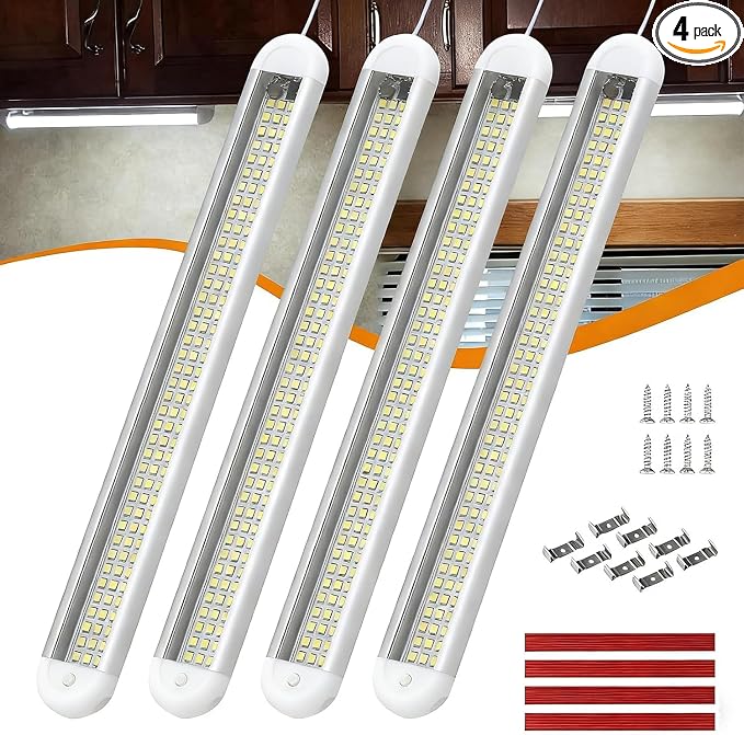 RVZONE 12V LED Interior Light Bar | 120LEDs 1800LM 8W DC 12 Volt led Strip Lights with ON/Off Switch RV Led Lights Interior for Camper Truck Van Boat Trailer Cargo Lights Fixture Motorhome (4Pack)