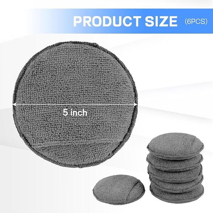 Hovom 6PCS Microfiber Wax Applicator, 5" Round Applicator Pads, Soft Automotive Waxing Foam Pads, Buffing Pads for Car Cleaning, Polishing and Detailing, Reusable Car Wash Sponge (Dark Gray)