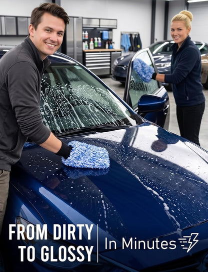 TAKAVU Car Wash Mitt Scratch Free, 2 Pack Microfiber Wash Mitts for Auto Detailing, Soft Lint Free Cleaning Gloves, Holds Sudsy Water, Machine Washable (Blue)
