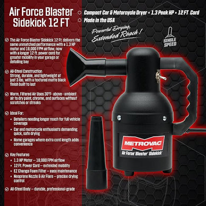 Metrovac Sidekick SK-1 Motorcycle & Car Dryer and Air Force Blaster Sidekick with 12 Foot Cord and Matte Finish for Profesional Motorcycle Detailing, Made in the USA