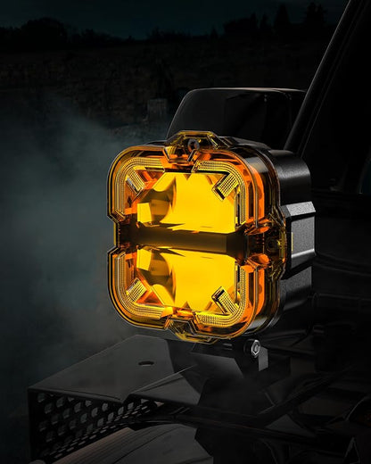SPL 4" Off Road Lights with Amber Covers, 90W 12000LM Hi/Lo Beam LED Pod Lights with Arrow Shaped Amber DRL, Led Cube Driving Lights with DT Wiring Harness for Trucks Jeep Pickup SUV ATV UTV, 2PCS