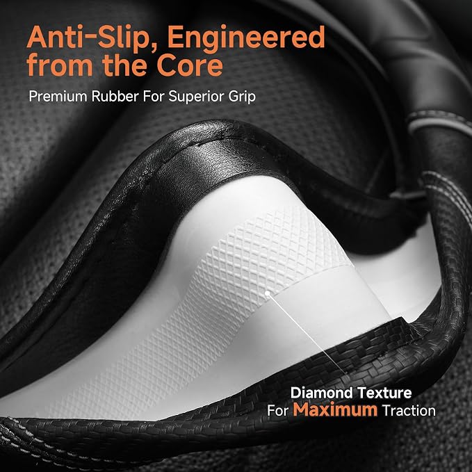 West Llama Carbon Fiber Leather Steering Wheel Cover with Anti-Slip Grip, 3D Textured Design, 14.5-15 Inch Car Steering Wheel Cover, Durable Interior Accessory (Standard Size-Black+Gray)