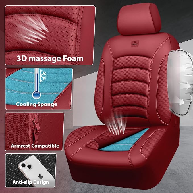 CAR PASS 3D Foam PU Leather Car Seat Covers, Universal Seat Covers Full Sets for Trucks SUV Sedan Automotive Seat Covers Armrest Airbag Compatible Waterproof Comfortable Faux Nappa Leather Burgundy