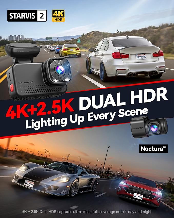 REDTIGER VC70 4K+2.5K Dash Cam Front and Rear, 8MP STARVIS 2 IMX678 Sensor, Dual HDR Hyper Night Clarity, 5.8GHz WiFi 6, 30MB/S Fast Download, Dash Camera with 24H Parking Monitor, 128G Card Included