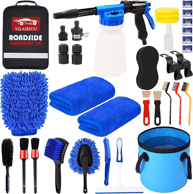 Car Wash Kit with Foam Gun, Bucket and Cleaning Tool, Car Washing Kit | Carwash Supply High-Pressure Foam Spray Wash Mitt Tire Brush Sponge Towels Brush Car Cleaning Kit for Interior and Exterior