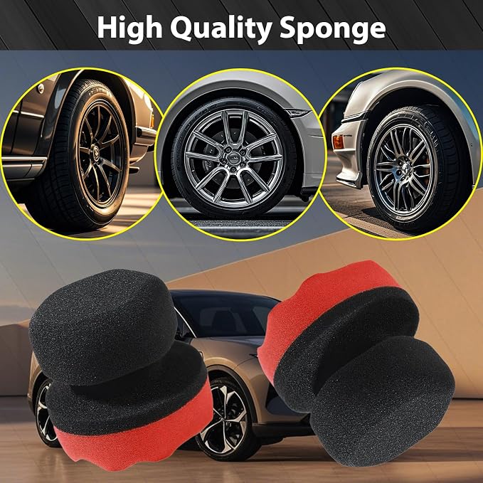 Tire Shine Applicator Pads, 4 Pcs Tire Dressing Applicator, Reusable Tire Shine Sponge Wave Contoured for Car Detailing, 3.15inch (2 Red & 2 Black)