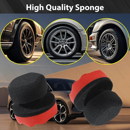 Tire Shine Applicator Pads, 4 Pcs Tire Dressing Applicator, Reusable Tire Shine Sponge Wave Contoured for Car Detailing, 3.15inch (2 Red & 2 Black)