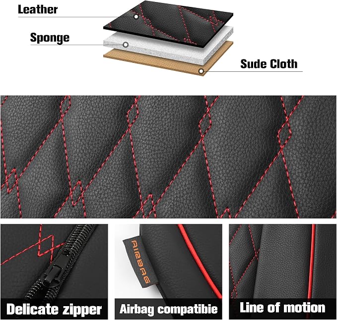 CAROMOP Faux Leather Car Seat Covers Full Set,Luxury and Comfortable Covers for Cars,Split Bench Compatible Car Interior Covers,Universal Fit for Suvs,Vans,Trucks,Airbag Compatible(5-Seat Black/Red)