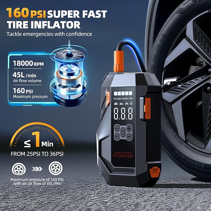 10-in-1 Portable Car Battery Jump Starter with Air Compressor, Jump Starter 6000A 26800mAh 160PSI (All Gas/12L Diesel), 12V Jump Box Car Battery Jumper Starter Portable Jumper Cables, Lights