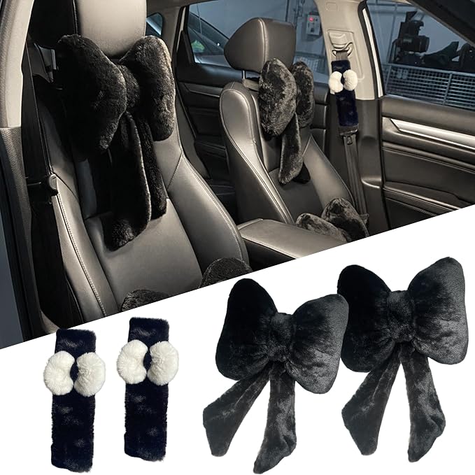 Car Neck Pillow 2PCS Plush Bowknot Car Headrest Pillow – Comfortable Neck Support for Driving Soft Touch Fabric Car Pillow Cute Interior Decor (Black Set 4 Pcs)