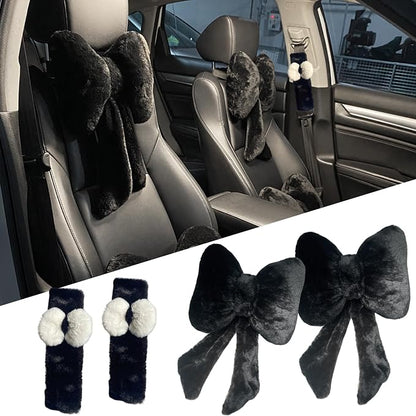 Car Neck Pillow 2PCS Plush Bowknot Car Headrest Pillow – Comfortable Neck Support for Driving Soft Touch Fabric Car Pillow Cute Interior Decor (Black Set 4 Pcs)