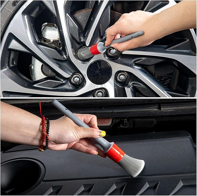 Detailing Brush Set - 5 Different Sizes Premium Natural Boar Hair Mixed Fiber Plastic Handle Automotive Detail Brushes for Cleaning Wheels, Engine, Interior, Air Vents, Car, Motorcy Grey