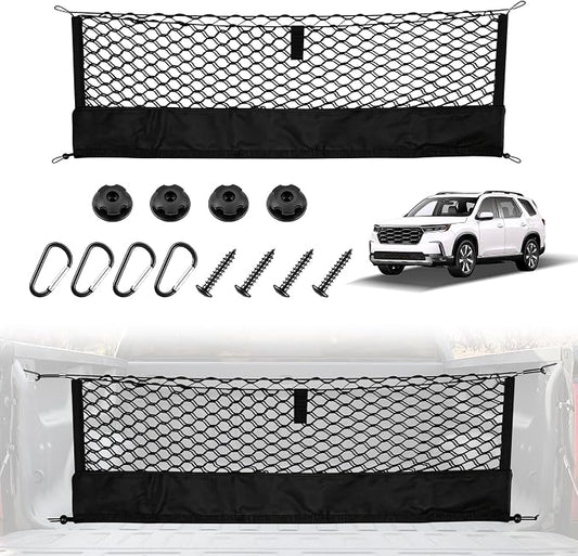 Amiss Truck Bed Cargo Net with Bottom Organizer, Compatible with Honda Pilot 2023-2026 | 2026+ Passport, Portable Storage for Pickup Cargo and Heavy Duty Hook, Exterior Accessories for Car SUV Truck