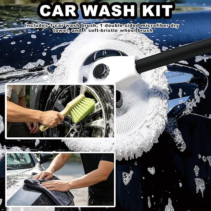 Car Wash Mop with Long Handle 15° Curved Extension Microfiber Scratch-Free Car Wash Brush with 1300GSM Thickened Drying Towel & Soft Bristle Tire Brush Complete Car Wash Kit (White & Grey)