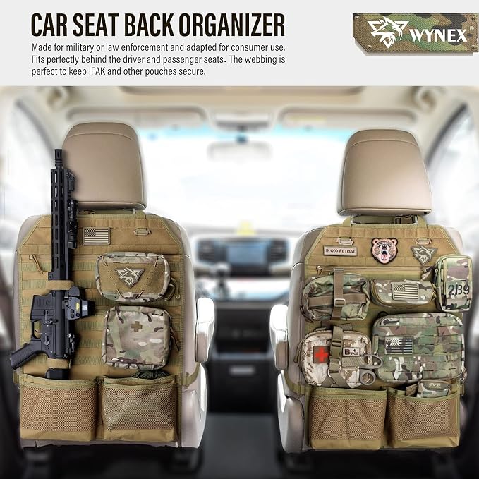 WYNEX Car Seat Organizer, Molle Backseat Cover Organizer Protector with Sling Rack, Visual Pocket and Patch, Universal Vehicle Fits for F150, Jeeps, Pickups & Trucks for Road Trips