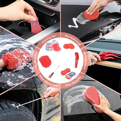 Nilight 37PCS Car Detailing Kit Auto Cleaning Tools Wash Set with Storage Carry Bag Home Use for Interior Exterior Deep Clean Car Care Windshield Dashboard Seat Air Vents Wheels Tires, Red