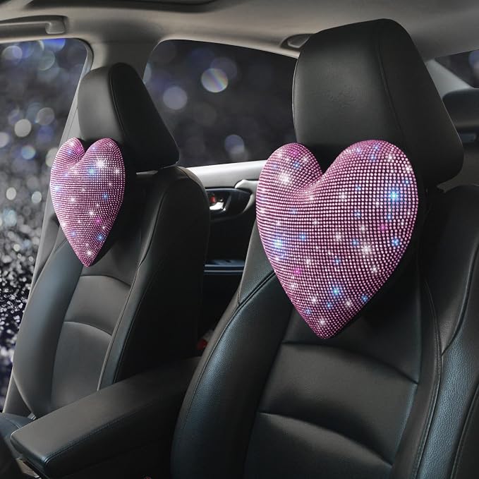Bling Head Rest Pillows for Car Automobile Accessories for Women, Girls and Ladies Car Pillows with Sparkly Rhinestone Headrest Support Neck Support Relax Travel Universal Fit Pink 2 Pieces