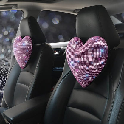 Bling Head Rest Pillows for Car Automobile Accessories for Women, Girls and Ladies Car Pillows with Sparkly Rhinestone Headrest Support Neck Support Relax Travel Universal Fit Pink 2 Pieces
