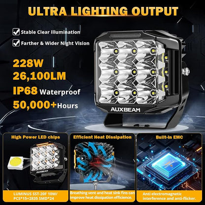 Auxbeam 7" Off-Road Lights with 270° Side Shooter, V Max Series Pod Lights with DRL & Back Light, 228W 26100LM Spot Flood Combo Ditch Lights, Cube LED Driving Light for Jeep ATV UTV, Pair