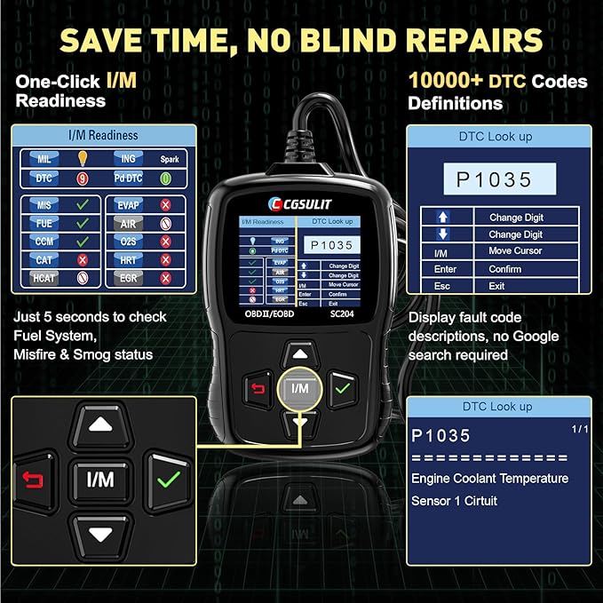CGSULIT SC204 Enhanced OBD2 Scanner Diagnostic Tool, Check Engine Code Reader With Reset, Smog Check, Clear Code, Live Data & More, Car Code Readers & Scan Tools for All OBDII/EOBD Vehicles After 1996