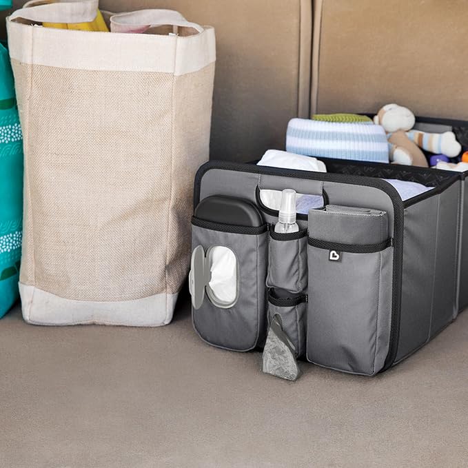 Brica Munchkin Out-n-About Trunk Organizer for SUVs and Cars with Portable Changing Pad and Wet Baby Wipes for Diaper Changes On-the-Go, Collapsible, Grey (Pack of 6)