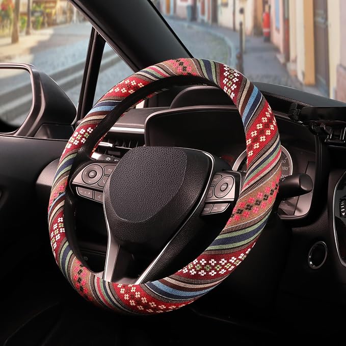 SEG Direct Boho Steering Wheel Cover with Baja Blanket Cloth, Ethnic Style Auto Wheel Cover Made of Coarse Flax, Fits 14 1/2-15 1/4 inches Car Wheel