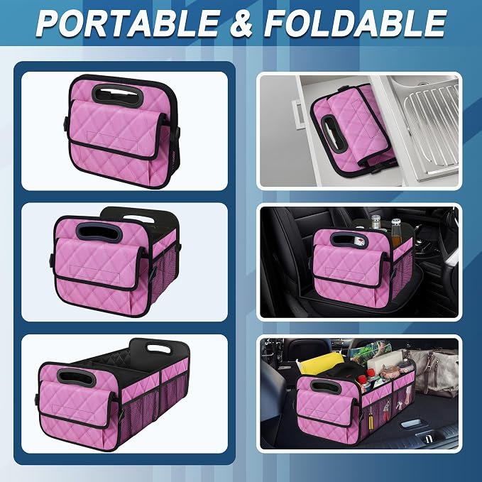 Deosk Car Trunk Organizer for SUV, Car Organizers and Storage with Reinforced Handles, Car Accessories for Women/Men 50L Waterproof Polyester Trunk Organizer(Medium,Pink)