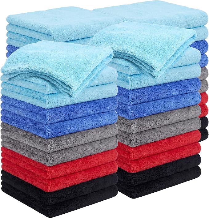Shimeyao 30 Pcs 16 x 16 Inch Edgeless Microfiber Plush Towels for Cars Detailing Drying Wash Polishing Absorbent Cleaning Cloths, 500 GSM (Blue, Light Blue, Black, Grey, Red)